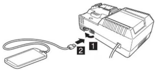 Diagram showing a device connected to a cable with labeled components 1 and 2, likely illustrating a physical or electronic connection.