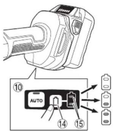 Diagram showing a device with labeled components and a close-up of its internal component, including an 'AUTO' label and battery arrangement.