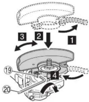 Technical diagram of a mechanical assembly with numbered components and directional arrows indicating motion or flow.
