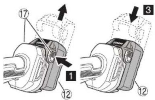 Technical diagram showing mechanical assembly steps with numbered components and directional arrows indicating movement or assembly.