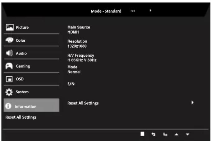 Mode - Standard Full Picture Color Audio Gaming OSD System Information Reset All Settings Main Source HDMI1 Resolution 1920x1080 H/V Frequency H 66KHz V 60Hz Mode Normal S/N: Reset All Settings