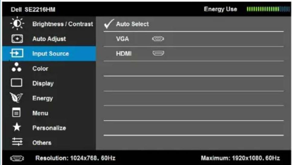 Dell SE2216HM Energy Use Brightness / Contrast Auto Adjust Input Source Color Display Energy Menu Personalize Others ✓ Auto Select VGA HDMI Resolution: 1024x768. 60Hz Maximum: 1920x1080. 60Hz