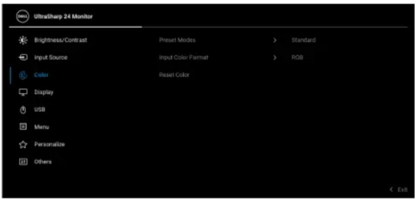 UltraSharp 24 Monitor Brightness/Contrast Preset Modes > Standard Input Source Input Color Format > RGB Color Reset Color Display USB Menu Personalize Others < Exit