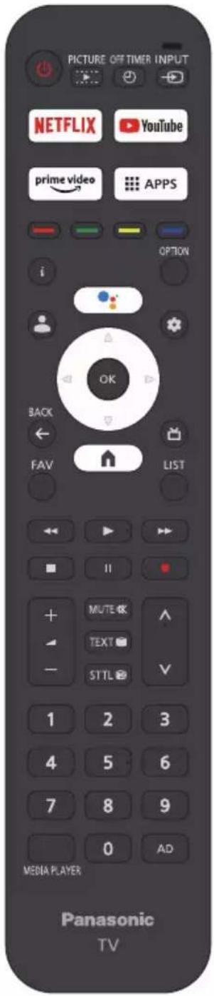 PICTURE OFF TIMER INPUT NETFLIX YouTube prime video APPS OPTION i OK BACK FAV LIST MEDIA PLAYER Panasonic TV