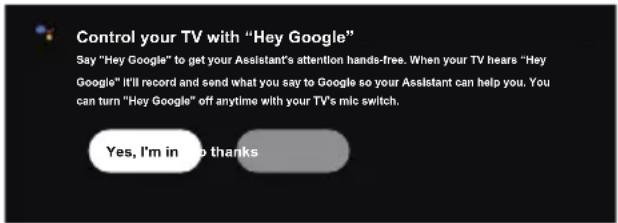 Control your TV with "Hey Google" Say "Hey Google" to get your Assistant's attention hands-free. When your TV hears "Hey Google" It'll record and send what you say to Google so your Assistant can help you. You can turn "Hey Google" off anytime with your TV's mlc switch. Yes, I'm in your thanks