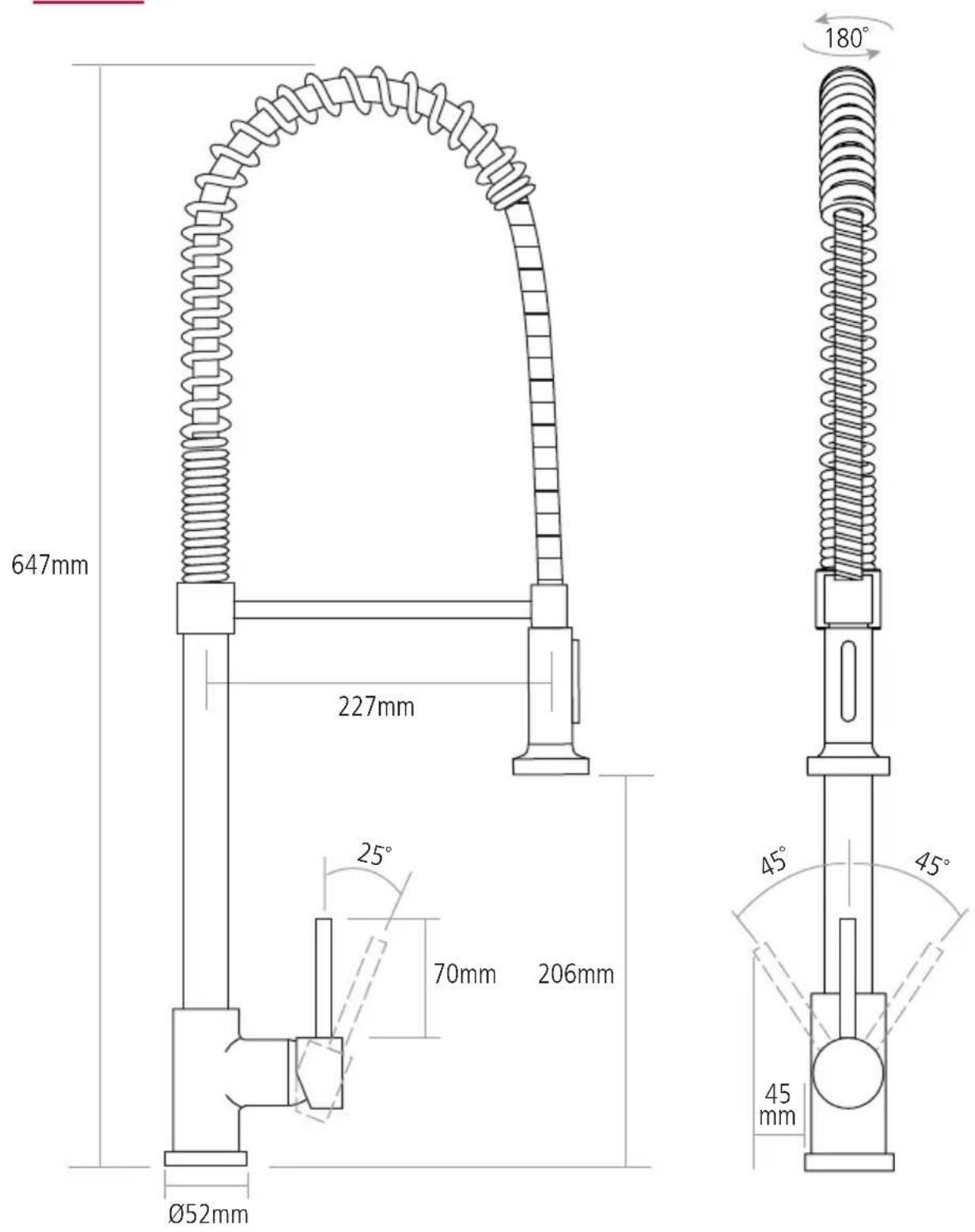 647mm 227mm 25° 70mm 206mm Ø52mm 180° 45° 45° 45 mm