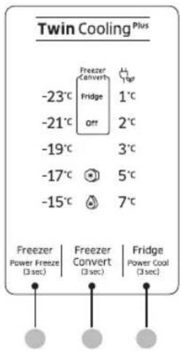 Twin Cooling Plus Freezer Convert Fridge 1°C -23°C Fridge 2°C -21°C off -19°C 3°C -17°C 5°C -15°C 7°C Freezer Power Freeze (3 sec) Freezer Convert (3 sec) Fridge Power Cool (3 sec)