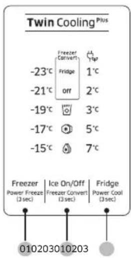 Twin Cooling Plus Freezer Convert -23°C Fridge 1°C -21°C off 2°C -19°C 3°C -17°C 5°C -15°C 7°C Freezer Ice On/Off Power Freeze (3 sec) Freezer Convert (3 sec) Fridge Power Cool (3 sec) 010203010203