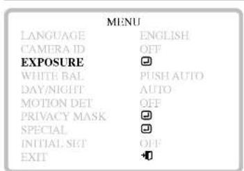 MENU LANGUAGE ENGLISH CAMERA ID OFF EXPOSURE WHITE BAL PUSH AUTO DAY/NIGHT AUTO MOTION DET OFF PRIVACY MASK SPECIAL INITIAL SET OFF EXIT +/-