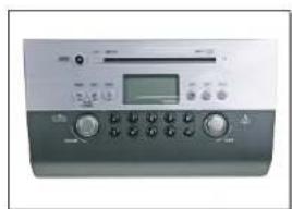Front panel of a digital audio recording device with control knobs and display screen