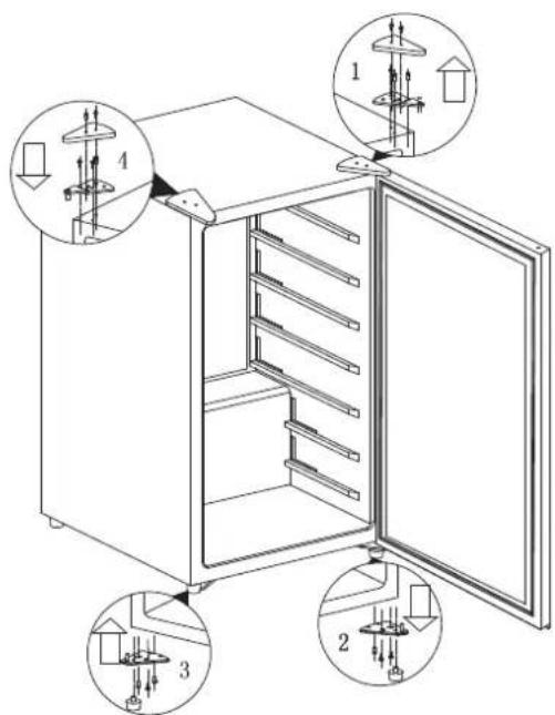 Technical diagram of a cabinet with labeled components and directional arrows indicating assembly or installation steps