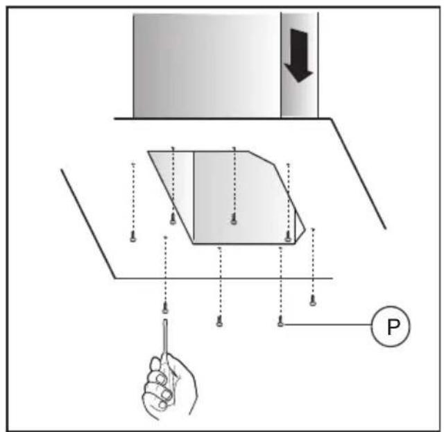 Diagram illustrating a mechanical or electrical setup with labeled components and directional arrows, including a hand holding a screwdriver and a load P.