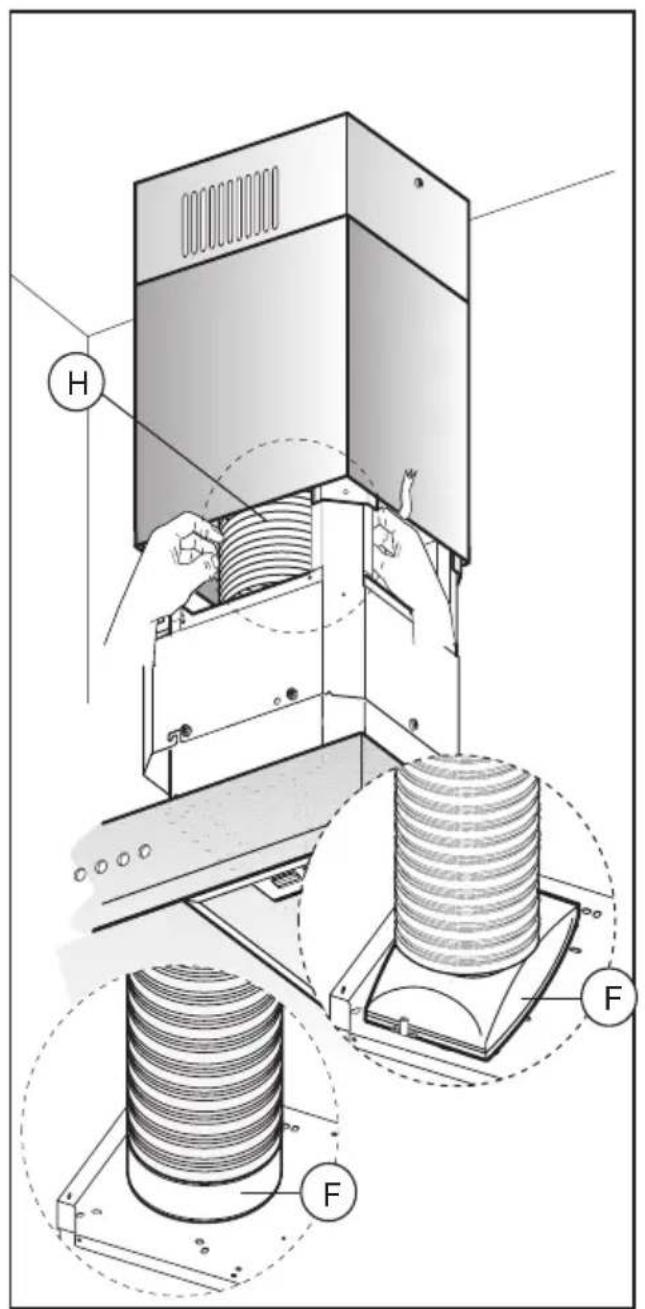 Technical diagram of a mechanical device with labeled components H and F, showing internal structure and assembly.