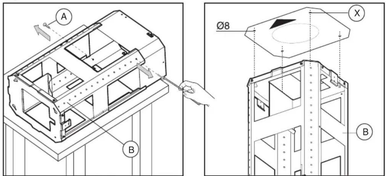 Technical diagram showing assembly of a mechanical housing with labeled components A, B, and X, including a hand tool for inspection.