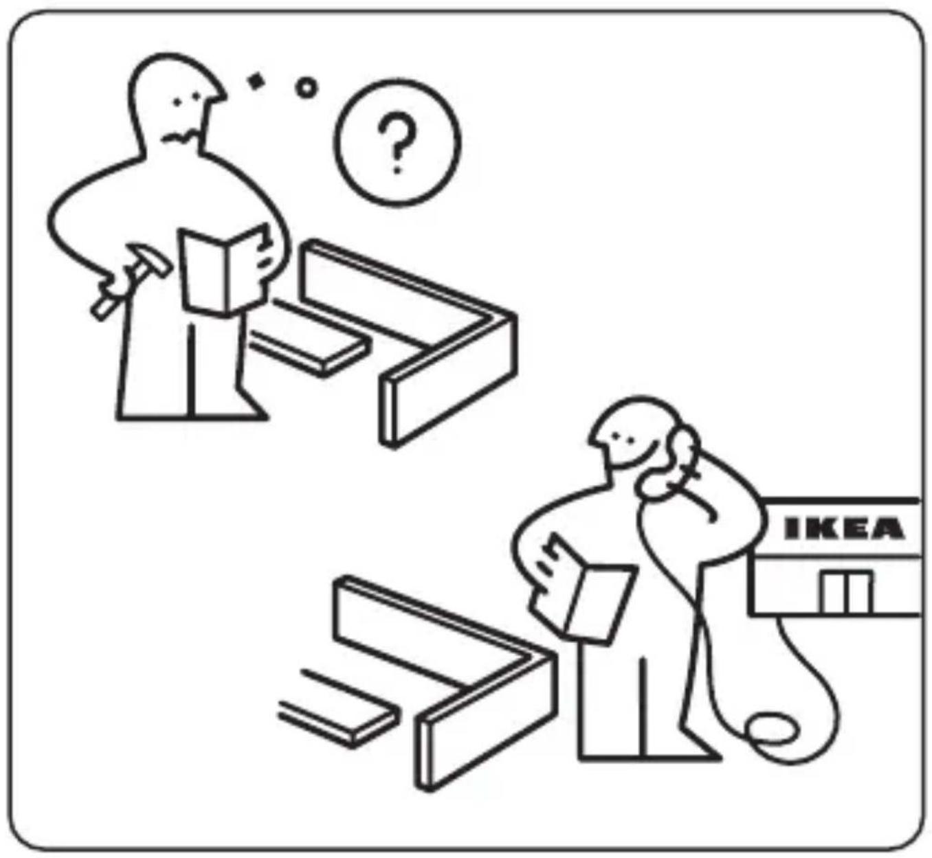 Illustration showing two people in a meeting, one reading and the other using a laptop with an IKEA store in the background.