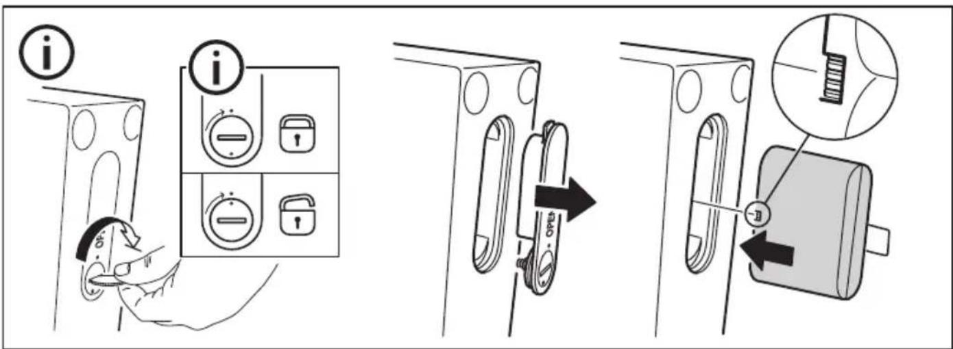 Diagram illustrating a door lock operation with labeled buttons and directional arrows, showing step-by-step instructions for lifting or adjusting the lock.