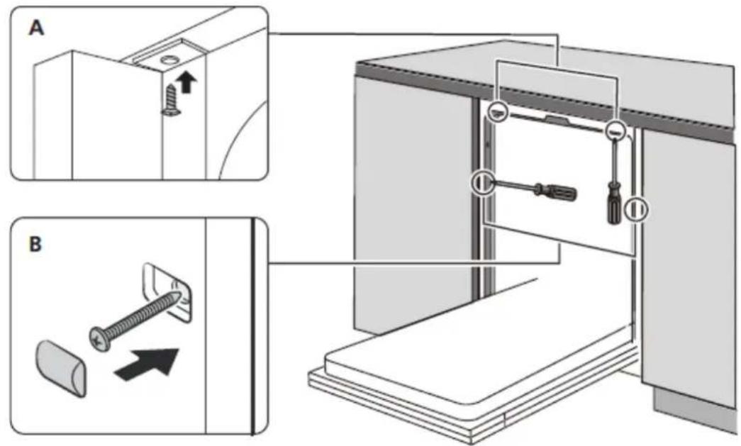 Technical diagram illustrating two steps of screw installation: (A) assembly with screw fastening and (B) assembly with fastening screw, both showing directional arrows.