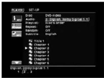PLAYER SET-UP Disc Audio Playlist: Repeat: Random Subtitle: DVD-video 2. English, Disney Original 5.1) Disc's order Off English Title 1 Chapter 1 Chapter 2 Chapter 3 Chapter 4 Chapter 5 Chapter 6 English, Disney Original 5.1 1 ,2 ,3