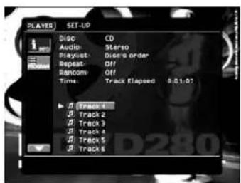 PLAYS SET-UP Disco CD Audio: Stereo Diagnost: Doors order Repeat: Off Random: Off Time: Track Elapsed 0:01:07 Track 4 Track 2 Track 3 Track 4 Track 5 Track 6