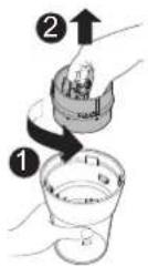 Diagram showing a blender with control panel and labeled steps 1 and 2, indicating a process for device operation.