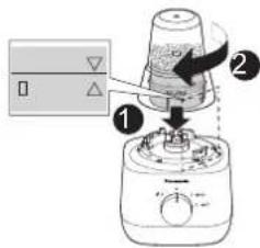 Diagram showing a blender with labeled steps and control panel, likely for cooking or cleaning a dish.