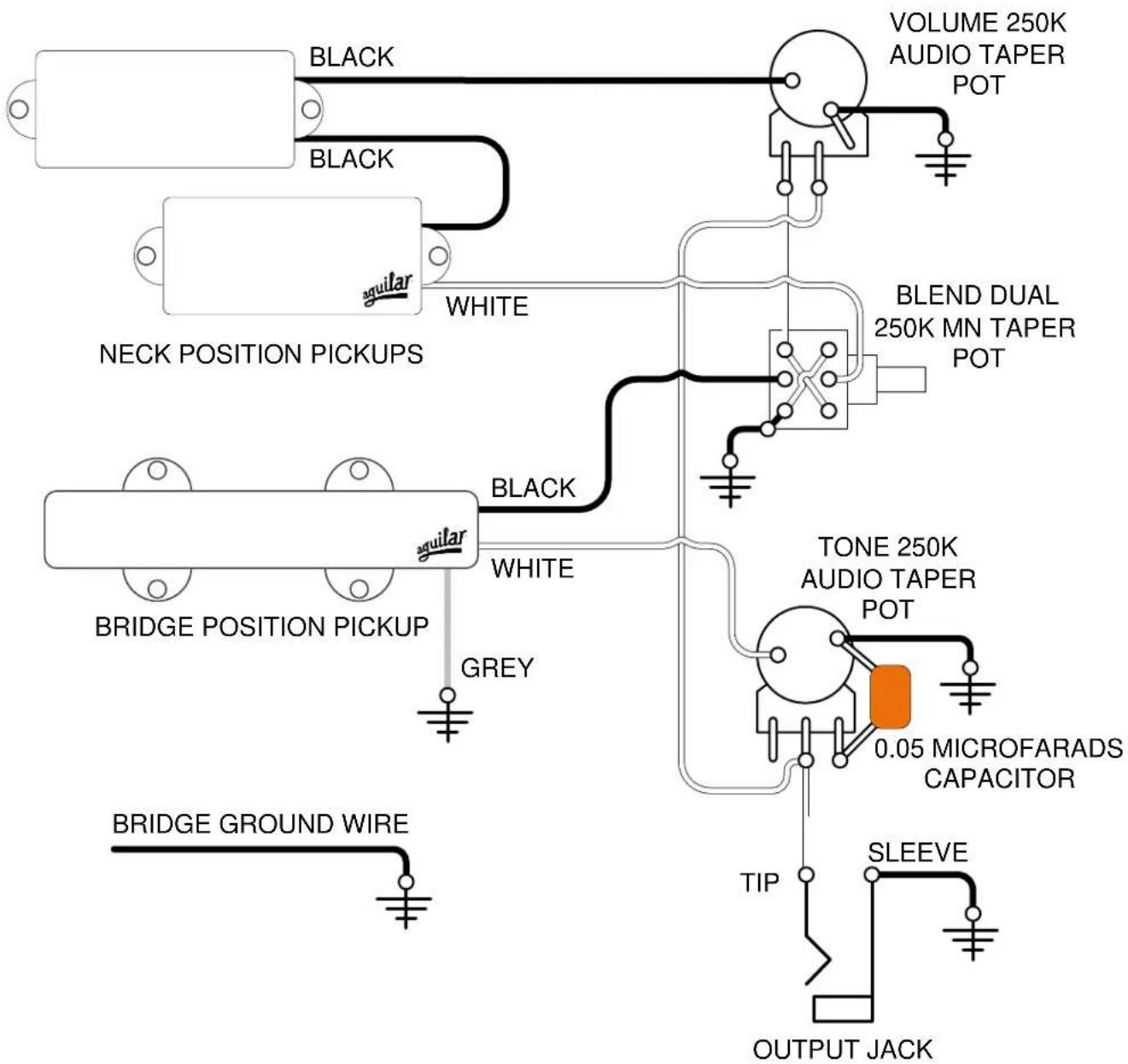 VOLUME 250K AUDIO TAPER POT BLACK BLACK WHITE BLEND DUAL 250K MN TAPER POT NECK POSITION PICKUPS BLACK WHITE TONE 250K AUDIO TAPER POT 0.05 MICROFARADS CAPACITOR BRIDGE POSITION PICKUP GREY BRIDGE GROUND WIRE SLEEVE TIP OUTPUT JACK