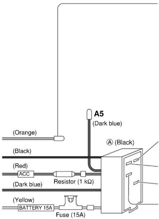(Orange) (Black) (Red) ACC (Dark blue) Resistor (1 kΩ) (Yellow) BATTERY 15A Fuse (15A) A5 (Dark blue) A (Black)
