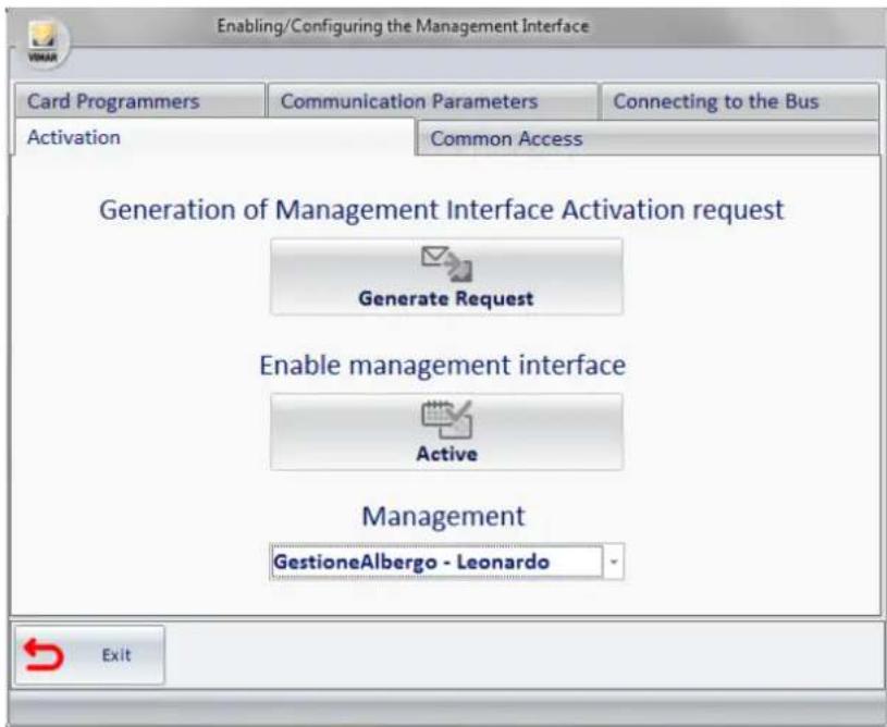 Enabling/Configuring the Management Interface Card Programmers Communication Parameters Connecting to the Bus Activation Common Access Generation of Management Interface Activation request Generate Request Enable management interface Active Management GestioneAlbergo - Leonardo Exit