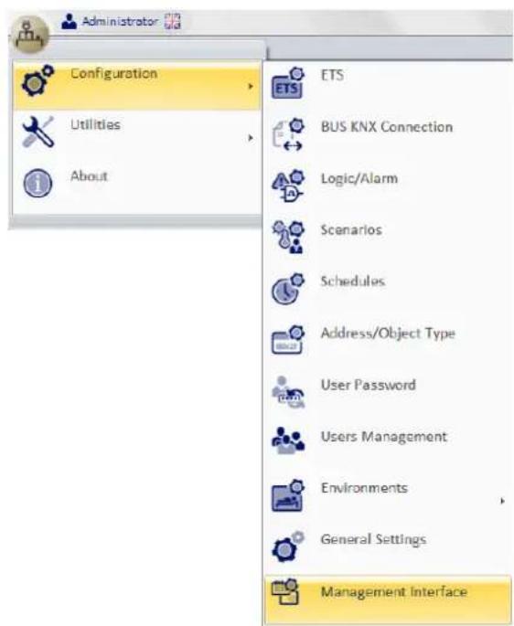 Administrator Configuration Utilities About ETS BUS KNX Connection Logic/Alarm Scenarios Schedules Address/Object Type User Password Users Management Environments General Settings Management Interface
