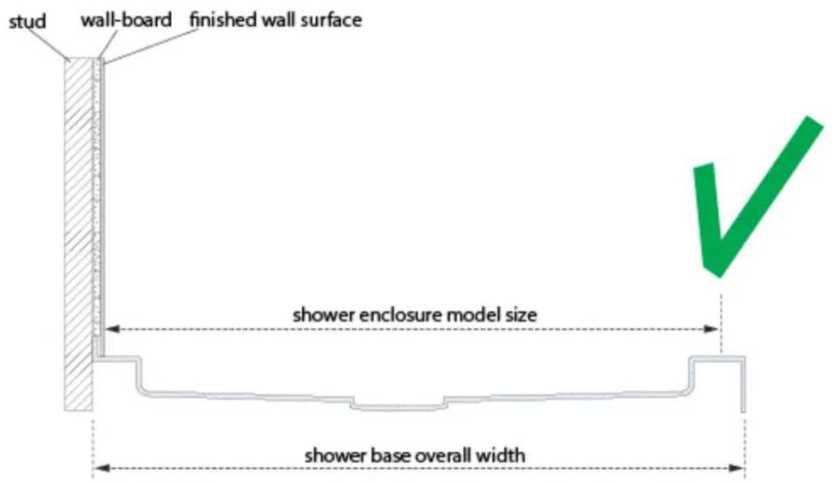 stud wall-board finished wall surface shower enclosure model size shower base overall width