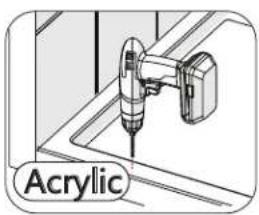 Illustration of a mechanical drill bit on a cutting board, labeled 'Acrylic' (no other text or symbols)