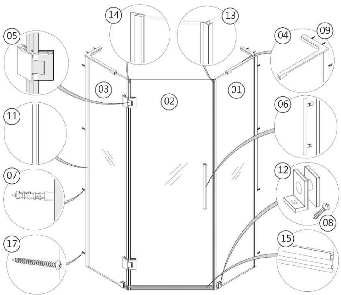 Technical diagram of a door frame assembly with numbered components and exploded views