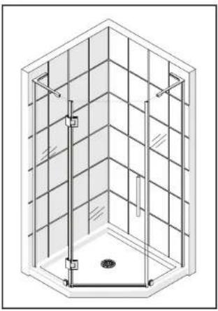 Isometric line drawing of a 3D shower enclosure with grid walls and central drain (no text or symbols)