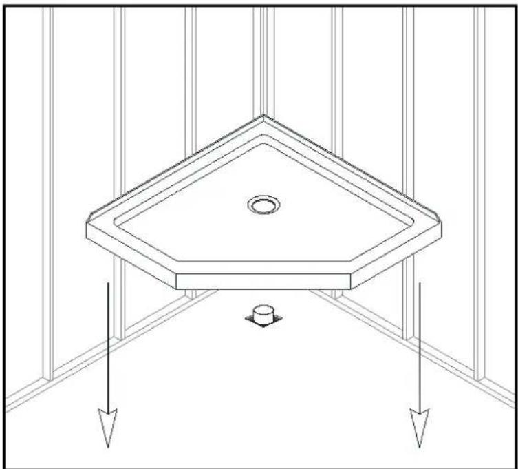 Isometric line drawing of a hexagonal table with a central circular hole and two downward arrows indicating direction (no text or symbols)