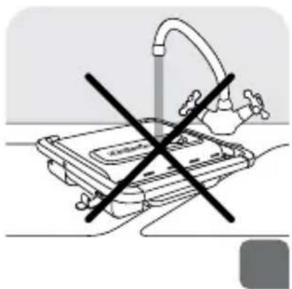 Safety warning symbol showing a showerhead with a cross crossed over it, indicating no need for use or damage.