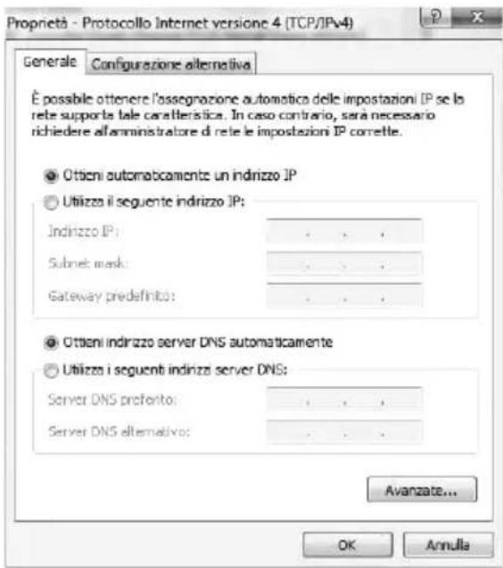 Proprietà - Protocollo Internet versione 4 (TCP/IPV4) Generale Configurazione alternative È possibile ottenere l'assegrazione automatica delle impostazioni IP se la rete supporte tale caratteristica. In caso contrario, sarà necessario richiedere al'amministratore di rete le impostazioni IP corrette. Ottieni automaticamente un indirizzo IP Utilizzo il segunte indirizzo IP: Indirizzo IP: Subnet mask: Gateway predefinito: Ottieni indirizzo server DNS automaticamente Utilizzo i segunte indirizzo server DNS: Server DNS preferito: Server DNS alternative: Avanzate... OK Annula