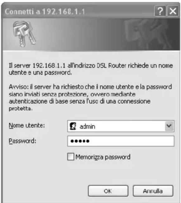 Connetti a 192.168.1.1 Il server 192.168.1.1 all'indirizzo DSL Router richiede un nome utente e una password. Avviso: il server ha richiesto che i nome utente e la password siano inviati senza protezione, ovvero mediante autenticazione di base senza l'uso di una connessione protetta. Nome utente: admin Password: •••••• □ Memorizza password OK Annulla