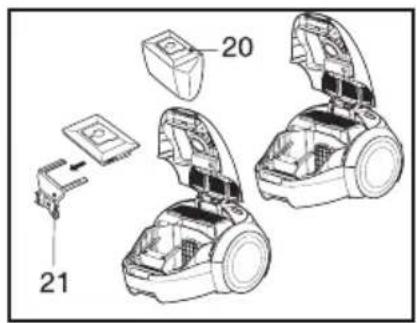 Technical diagram showing exploded view of a robotic device with labeled parts 20 and 21