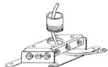 Technical line drawing of a mechanical device with a cylindrical component and wiring (no text or symbols)