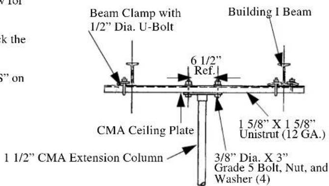 Beam Clamp with 1/2" Dia. U-Bolt Building 1 Beam 6 1/2" Ref. CMA Ceiling Plate 1 5/8" X 1 5/8" Unistrut (12 GA.) 3/8" Dia. X 3" Grade 5 Bolt, Nut, and Washer (4) 1 1/2" CMA Extension Column