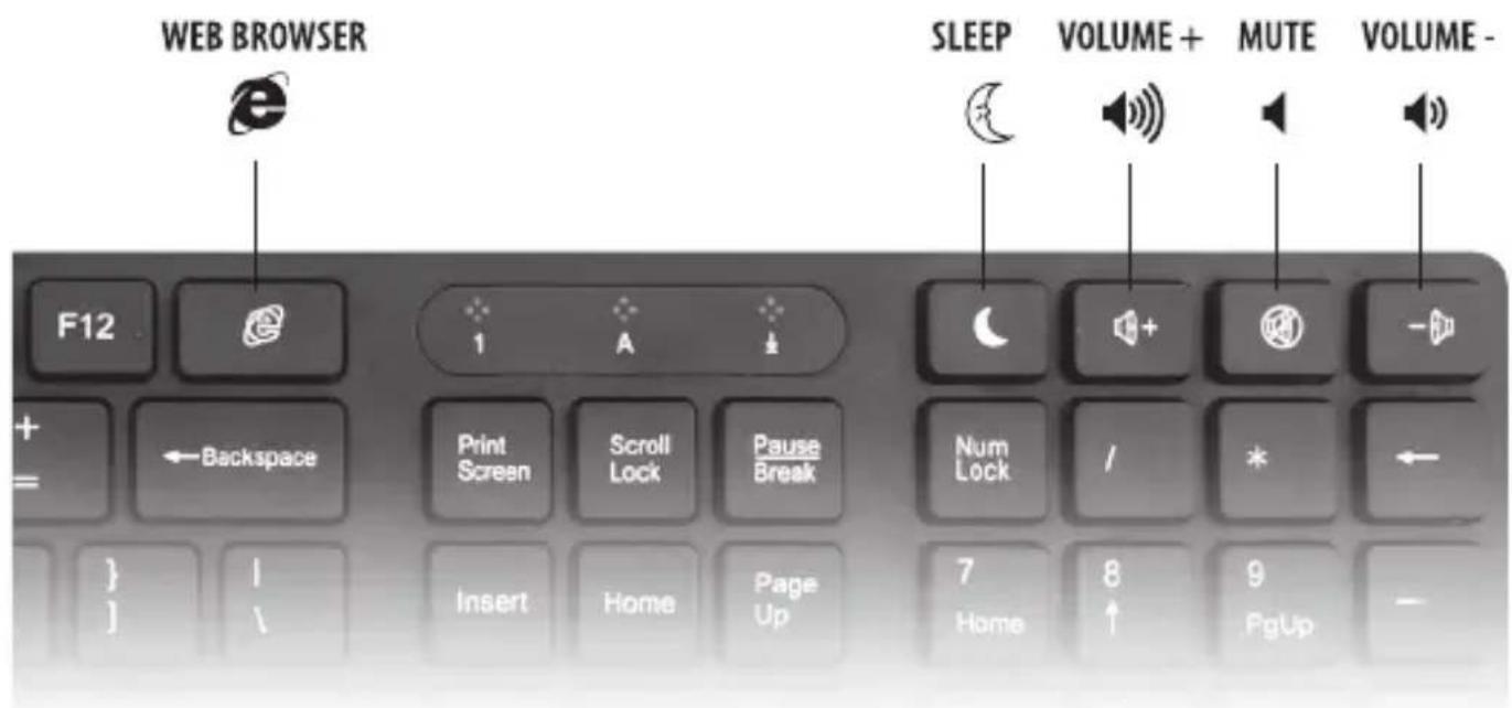 WEB BROWSER F12 ←Backspace Print Screen Scroll Lock Pause Break Insert Home Page Up SLEEP VOLUME+ MUTE VOLUME- Num Lock / * ← 7 Home 8 ↑ 9 PgUp -