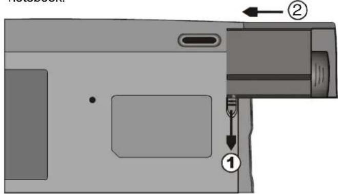 Diagram of a device with labeled parts and directional arrows, showing component positioning and assembly.