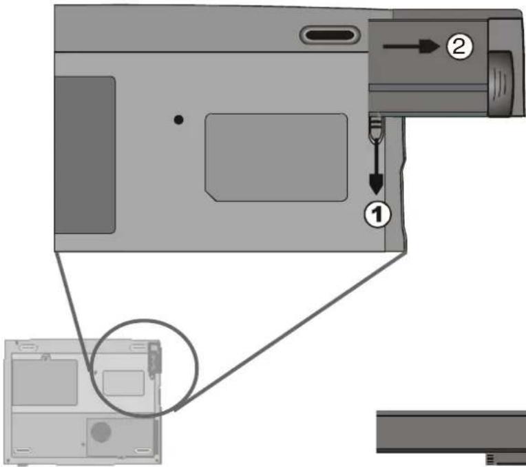 Diagram showing a device with labeled parts and an inset view of the internal components, likely illustrating a mechanical or electronic assembly.