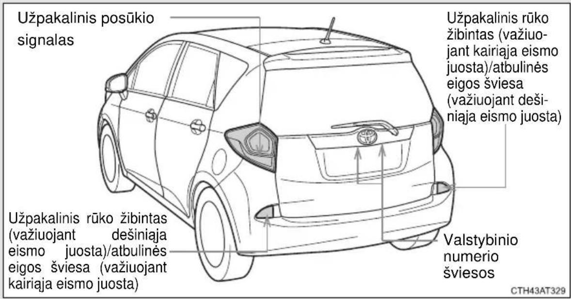 Užpakalinis posūkio signalas Užpakalinis rūko žibintas (važiuo- jant kairiaja eismo juosta)/atbulinės eigos šviesa (važiuojant deši- niaja eismo juosta) Užpakalinis rūko žibintas (važiuojant dešiniaja eismo juosta)/atbulinės eigos šviesa (važiuojant kairiaja eismo juosta) Valstybinio numerio šviesos CTH43AT329