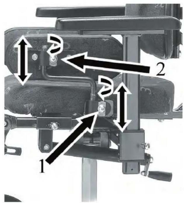 Technical diagram of a mechanical assembly with numbered components and directional arrows indicating motion or movement.