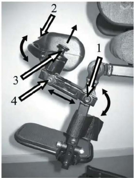 Technical diagram of a mechanical device with numbered components and directional arrows indicating motion or assembly.