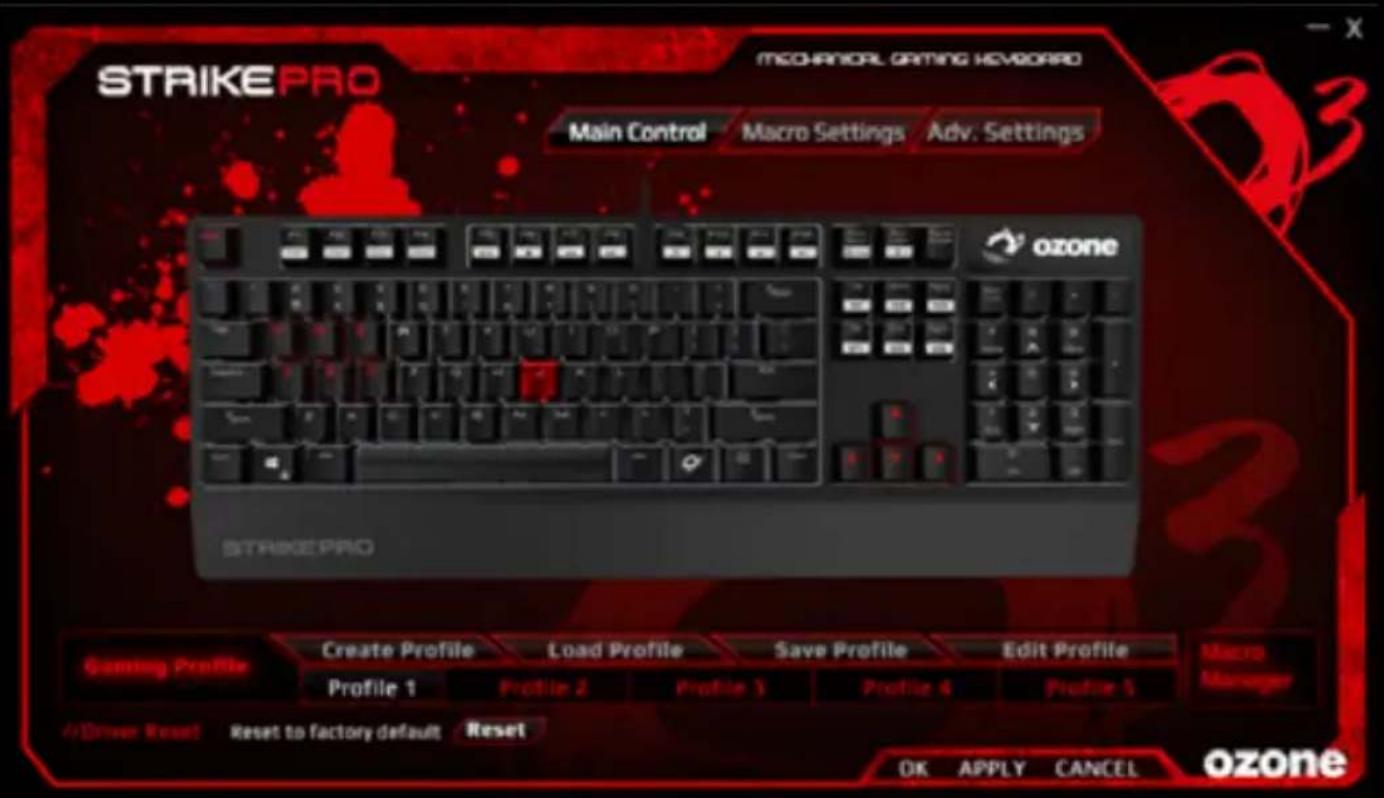 STAIKE PRO MCHANDAL GATING KEYBOARD Main Control Macro Settings Adv. Settings ozone STAIKE PRO Gaming Profile Create Profile Load Profile Save Profile Edit Profile Macro Manager Profile 1 Profile 2 Profile 3 Profile 4 Profile 5 A/Driver Reset Reset to factory default Reset OK APPLY CANCEL ozone