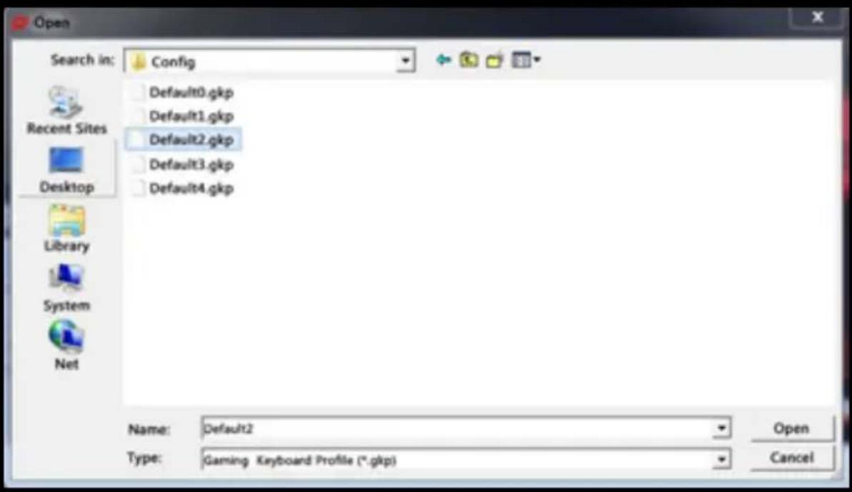 Open Search in: Config Default0.gkp Default1.gkp Default2.gkp Default3.gkp Default4.gkp Recent Sites Desktop Library System Net Name: Default2 Type: Gaming Keyboard Profile (*.gkp) Open Cancel