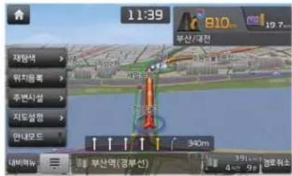 11:39 810cm 부산대전 재당색 > 위치응록 > 주변시설 > 지도설정 > 안내오드 내비여류 부산역(경부선) 340m 391% 400% 경로취소 19.7