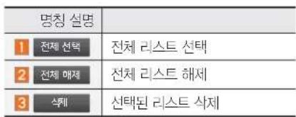 명칭 설명 1 전체 선택 2 전체 매제 3 삭제 전체 리스트 선택 전체 리스트 해제 선택된 리스트 삭제